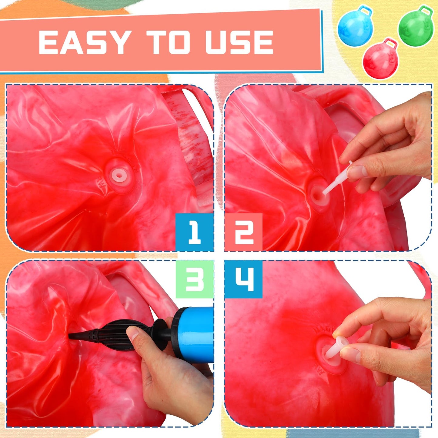 Poen 3 Pcs 18 Inch Hopper Inflatable Bouncy Ball with Handle Hippity Hop PVC Jumping Hopping Ball with 1 Air Pump for Kids Toddler Boys Girls Gifts Games(Red Blue Green)