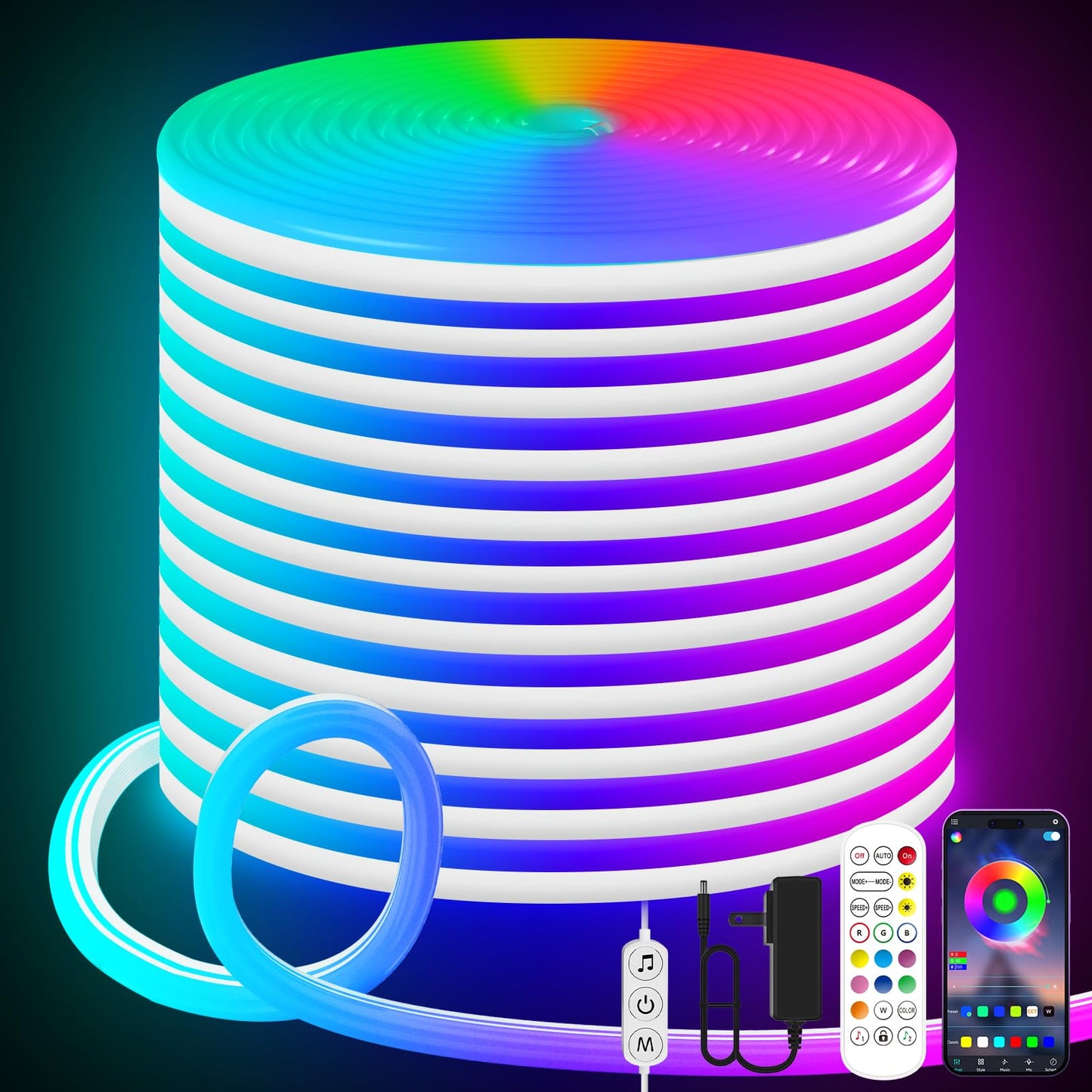 KANTUTOE LED Neon Rope Lights, 19.68ft RGB LED Light Strip, 24V Music Sync App/Remote Control DIY Rope Light, IP67 Waterproof Gaming Neon Strip Lights for Bedroom Indoor Oudoor Décor