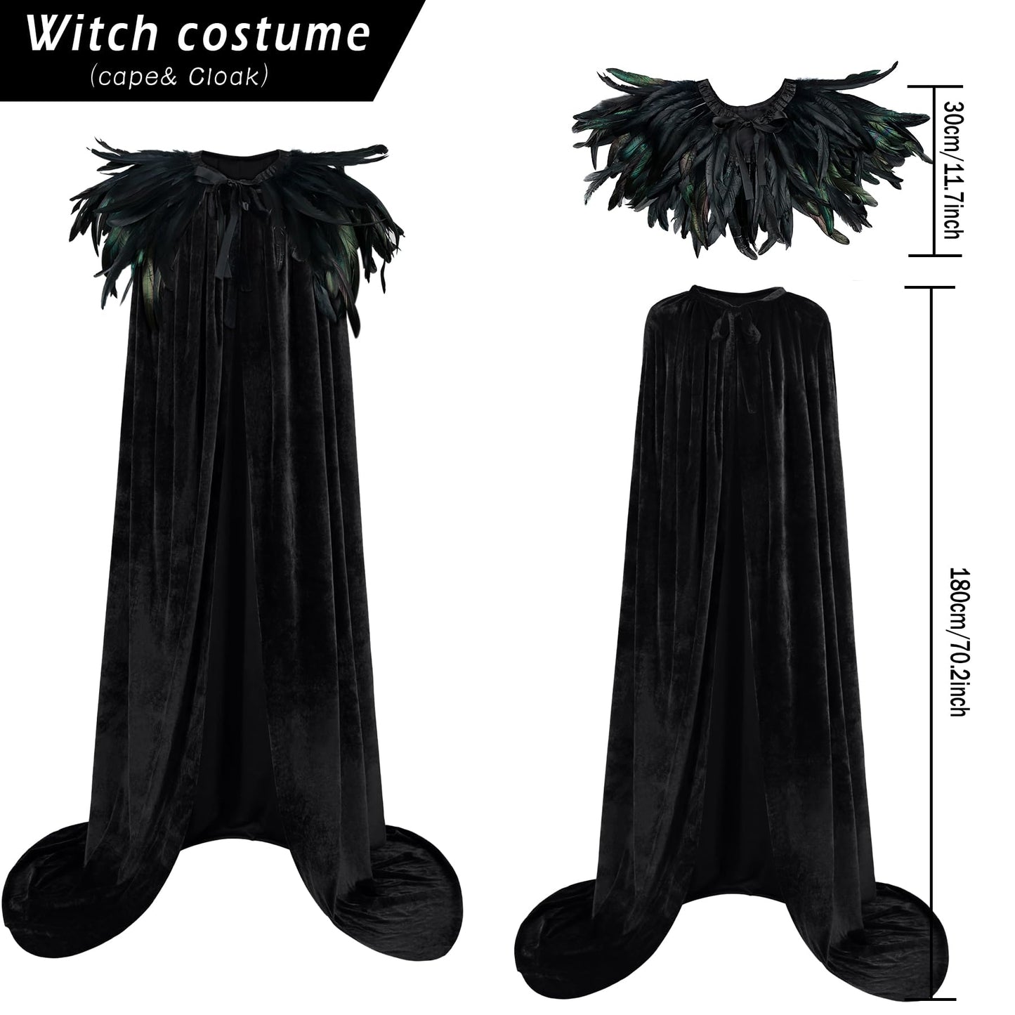 L'VOW Women Feather Collar Velvet Cloak Vampire Cape Witch Queen Cosplay Halloween Costume(Black)