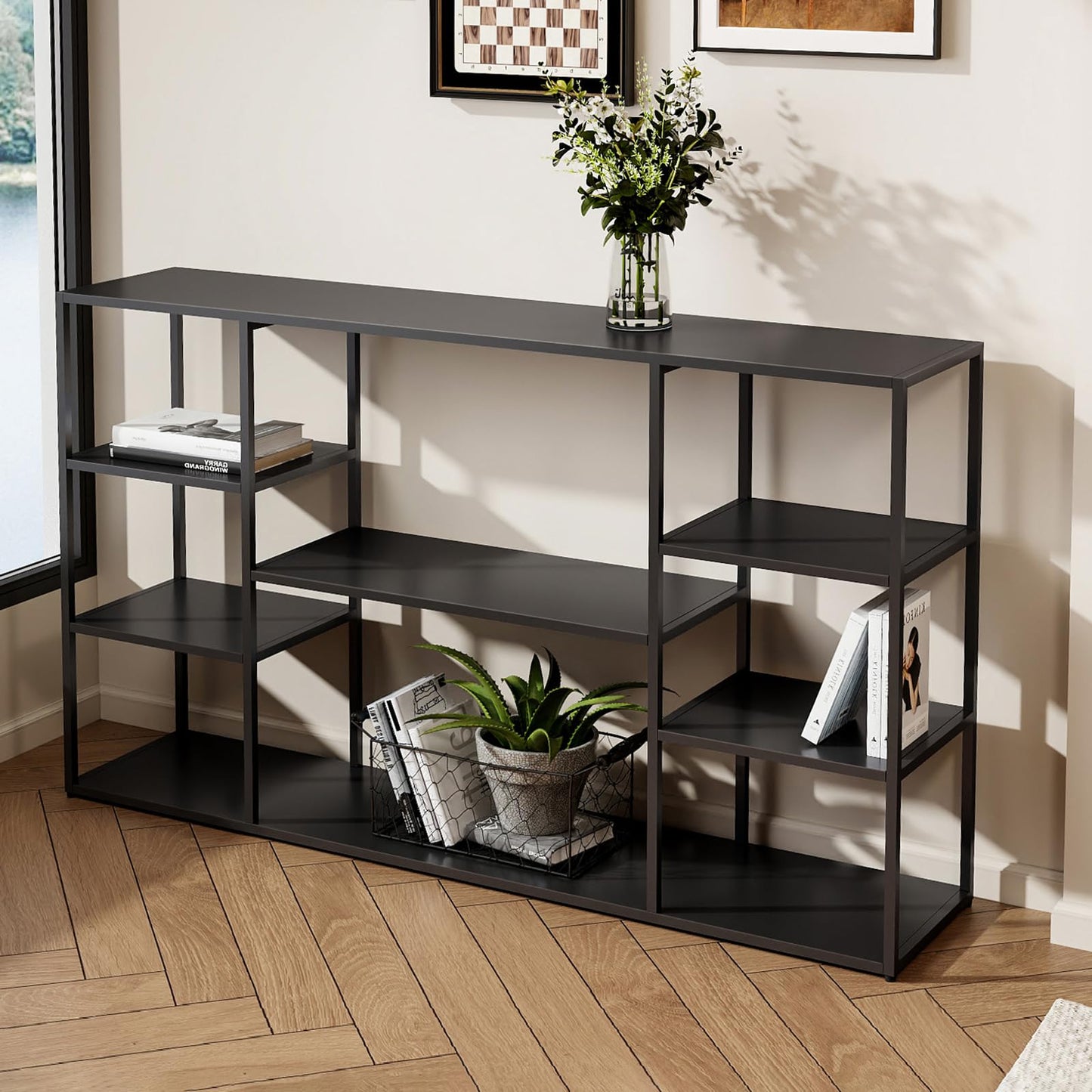 Leinade 55 Inch Metal Console Table with 8 Storage Shelves,Extra Long Entryway Table,Narrow Sofa Table,Hallway Table for Entrances to Corridor, Foyer,Living Room (Black, 55.12×11.81×31.5in)