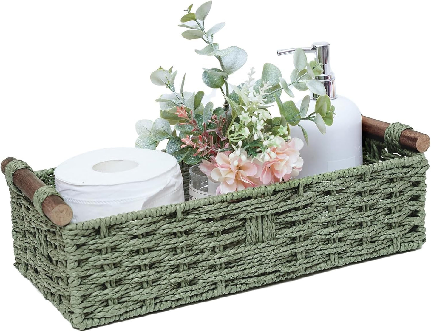 Rattanzenith Green Paper Rope Storage Basket with Wooden Handle – Handwoven Wicker Organizer Bin for Bathroom Toilet Tank Countertop Small Decorative Storage for Toilet Paper Cosmetics