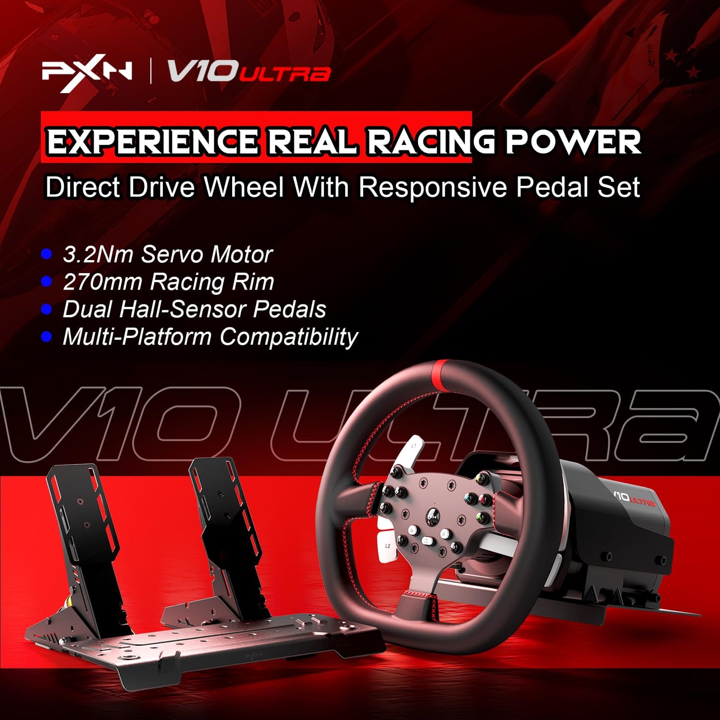 PXN V10 Ultra Direct Drive Racing Wheel & Pedals – 3.2Nm Force Feedback, 10.6'', 4 Paddle Shifters, Hall Effect 2-Pedal Set - Gaming Steering Wheel for Xbox Series X|S, Xbox One, PS4 & PC