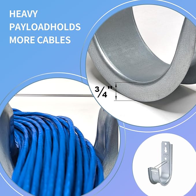 50 Pack 2-Inch Galvanized Steel Cable Support J-Hooks with Retainer Clips - Heavy Duty Wall Mount Cable Management Hooks for Structured Cabling & Organization