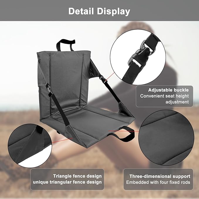 LynsaTac Folding Stadium Seat Cushion with Backrest, Portable Bleacher Pad for Camping, Fishing,15.8'' x 16.5'',Lightweight Chair with Backrest for Outdoor Sports and Concerts (Grey)