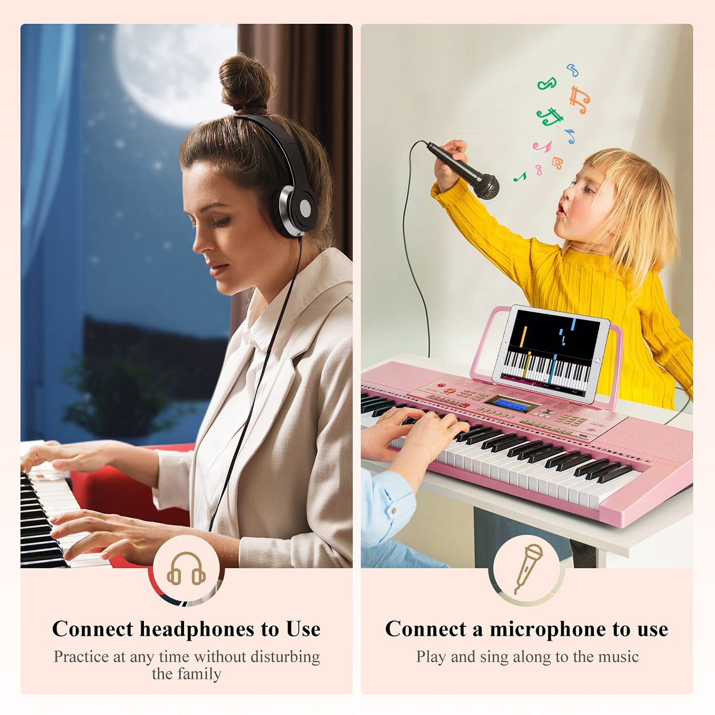 Eastar Electronic Keyboard Piano Kit 61 Key for Beginner, Children Digital E Piano with Stand, Bench, Music Stand and Microphone, Pink, Musical Instrument Birthday Gifts for Kids Girls Daughter