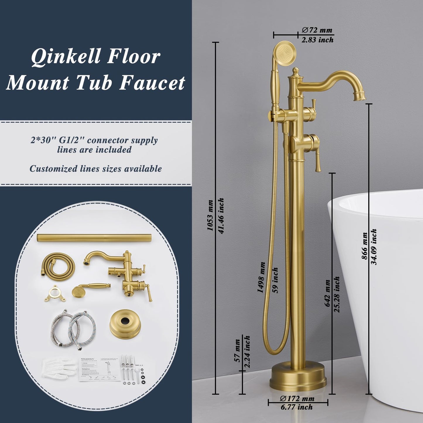 Free Standing Tub Faucet, Qinkell Classic Elegant Gooseneck Freestanding Bathtub Faucet with Sprayer Brass Luxury Floor Mount Bath Faucets High Flow Roman Tub Filler, Brushed Gold (QC-202511BG)
