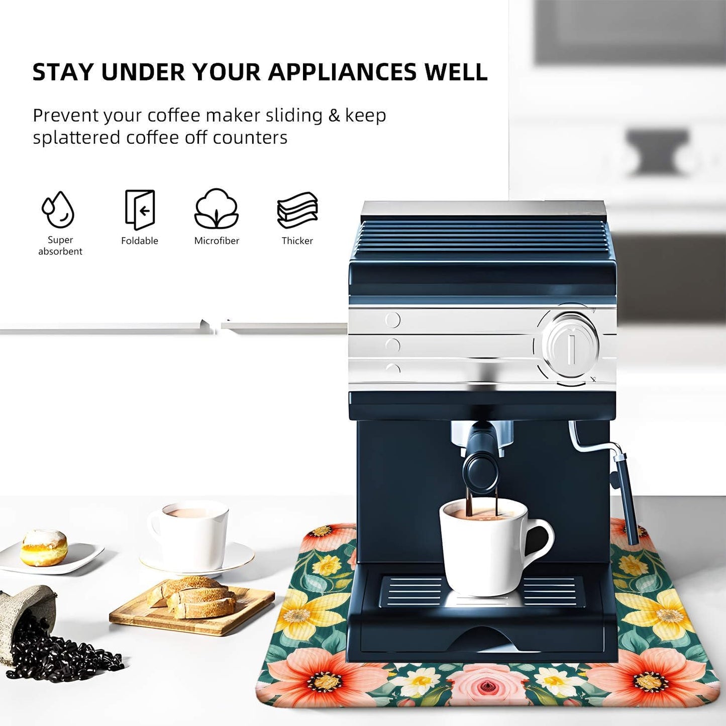 Large Blue Floral Spring Dish Drying Mat for Kitchen Counter 18x24 Microfiber Absorbent - Foldable, Non-Slip, Compact Kitchen XL Drying Mats for Dishes, Countertops, and Cookware