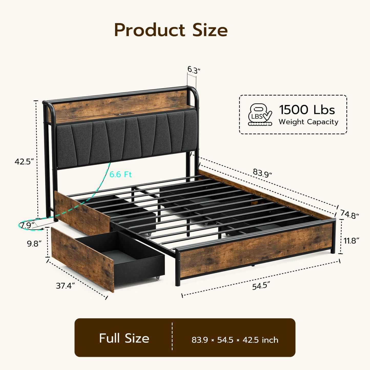 CIKUNASI Full Size Bed Frame with Headboard and Storage 4 Drawers Platform Bed Frame with Storage Chargin Station LED Light Bed Frame