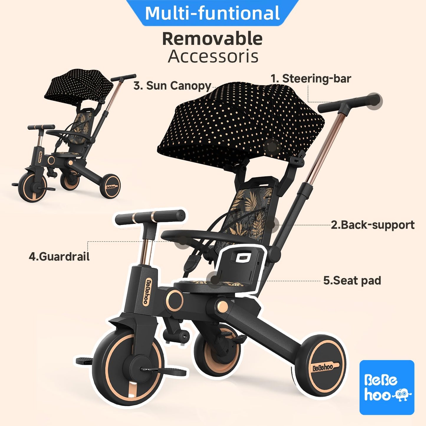 Bebehoo Tricycle Stroller for Toddler,Foldable Baby Tricycle,Kids Balance Bike with Push Handle,Toddlers Stroller Bike with 1 to 5 Years,7-in-1 Push Tricycle Bike for Kids(Gold)