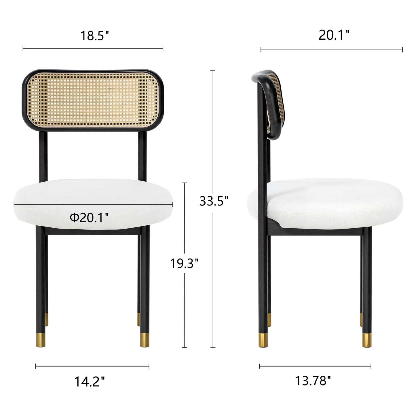HoeuThien Upholstered Rattan Dining Chairs Set of 4, Mid Century Modern Kitchen Chairs with Curved Back and Solid Wood Legs Armless Accent Chair for Living Room Bedroom Restaurant, Black/White Linen