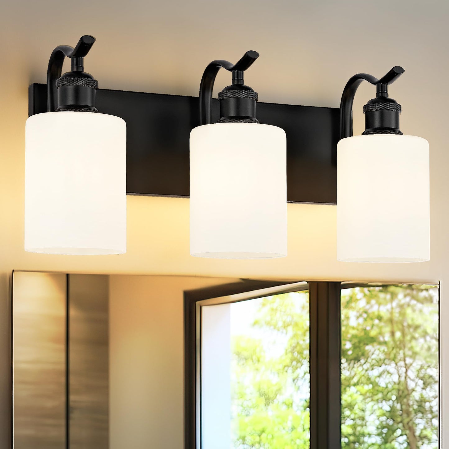 JAZAVA Black Vanity Light, 3-Light Bathroom Light Fixture, Modern Wall Sconce with Milk Glass, VL01BKW-3