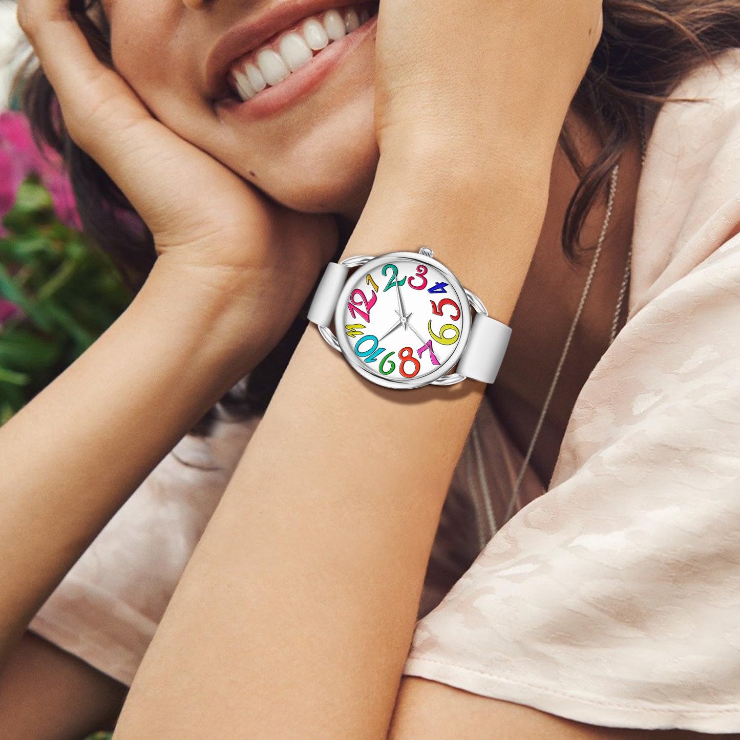 Bisley Women Watch Big Arabic Numbers Dial Easy to Read White Silicone Strap Watch