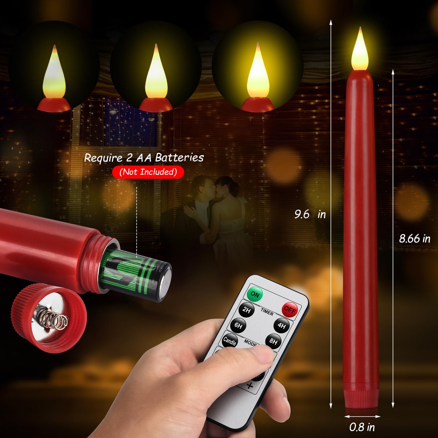 Flameless Taper Candles with Remote Control and Timer, Battery Operated LED Candlesticks with Flickering 3D Flame, 9.6×0.8 Inches Plastic Tall Candles for Christmas, Wedding and Home Decor (Red, 12)