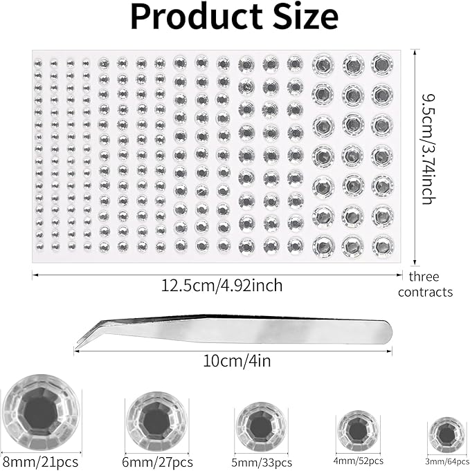 591pcs Face Gems Hair Gems Pearls, Self-Adhesive Face Jewels Eye Rhinestones 3/4/5/6/8 mm Face Gem Stick on, Halloween Makeup Gems Rave Accessories for Face Eyes Body Makeup (14.Clear)