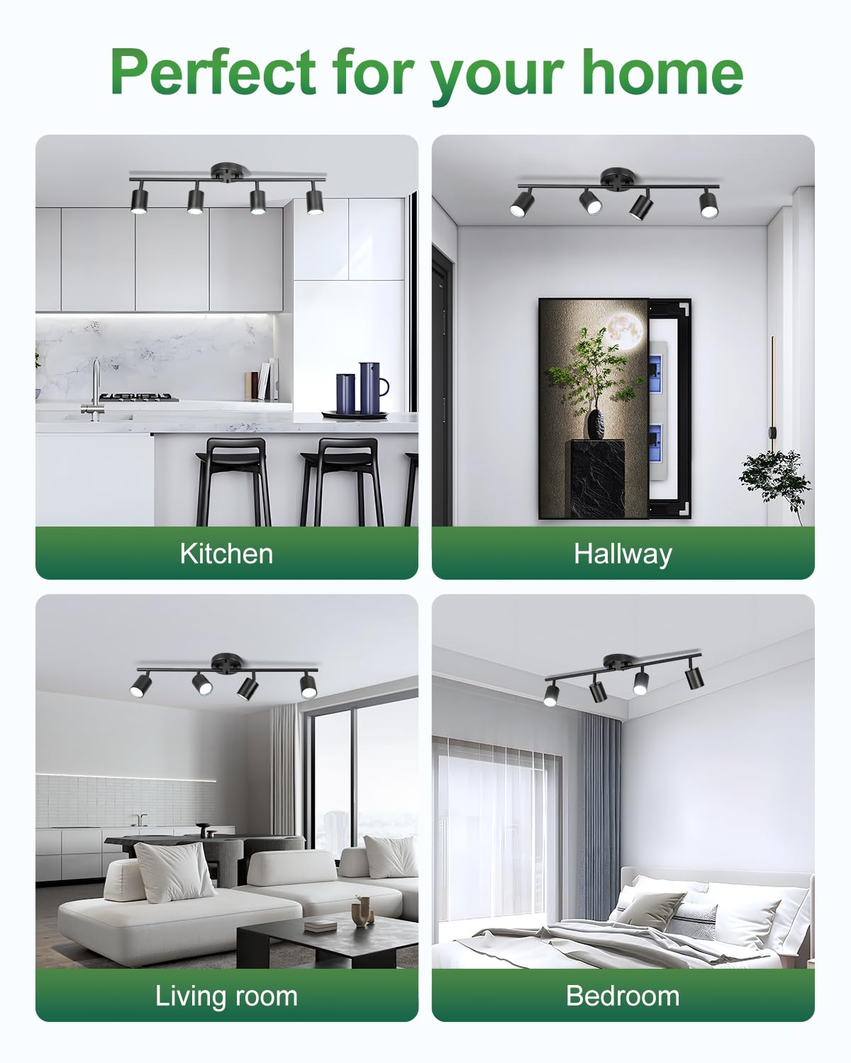 Fondiiz 4 Ways Track Lighting, Rotatable Heads Tracks Light, Track Lightings Fixtures Ceiling with Foldable Arms, Modern Black Tracks Light for Kitchen, Living Room, Hallway(Bulbs Not Included)