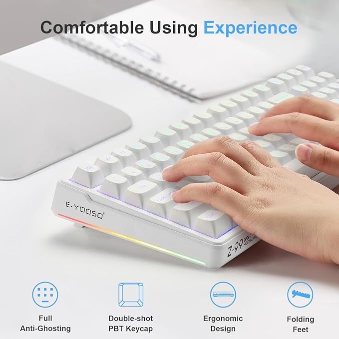 E-Yooso Creamy Mechanical Keyboard Wired, Hot Swappable, Pre-lubed Linear Switches, Gasket Structure with Sound Dampening Foam, RGB Backlit, 99 Keys Custom Gaming Keyboard for PC/Mac,White