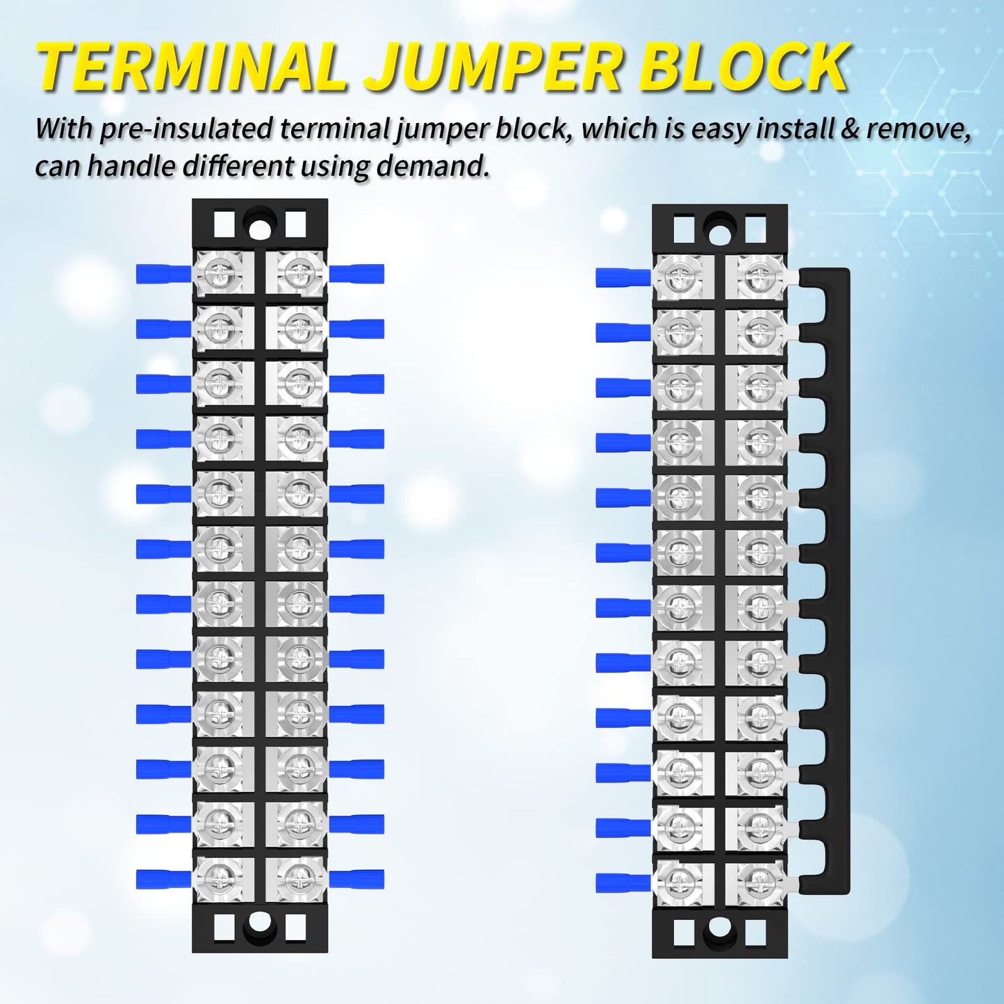 Joinfworld 35A Terminal Block 12 Position Screw Terminal Strip Dual Row with Cover and 12 Position Pre-Insulated Terminal Jumper Block - 2pcs