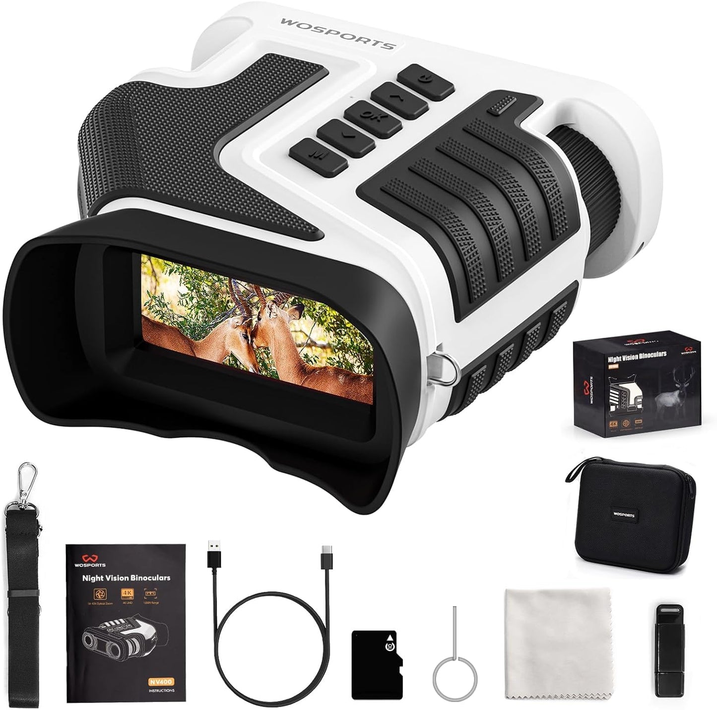 WOSPORTS 4K Night Vision Goggles - 16MP Photo, up to 80x Magnification, 10X Optical & 8X Digital Zoom, 1015FT Vision, 3" Screen, 5000mAh Rechargeable Battery, Outdoor Camping, Gift for Men