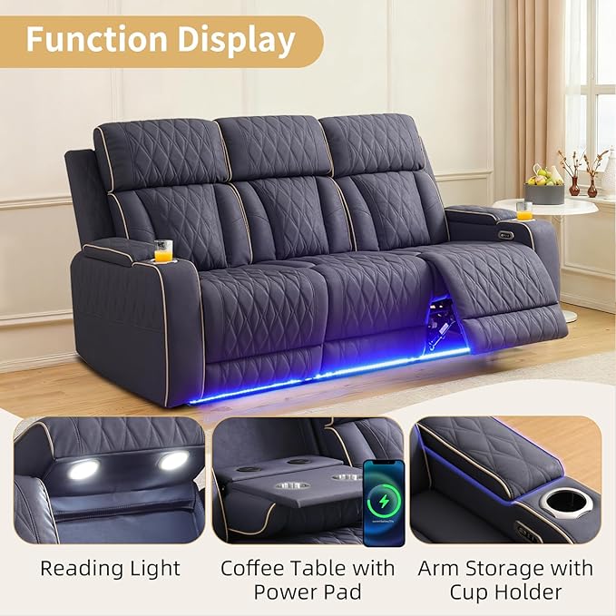 Caberryne Power Recliner Sofa with LED Lights,Suede Leather Reclining Couch with Double Recliner/USB Port/Coffee Table/Cup Holder for House/Home Theater(3 Seater Sofa,Navy)