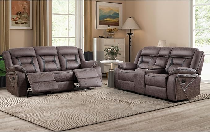 EBELLO Manual Recliner Sofa Set, Faux Leather Reclining Living Room Furniture Set, Included Loveseat and 3 Seat Manual Recliner Sofa, Grey(Loveseat+Sofa)
