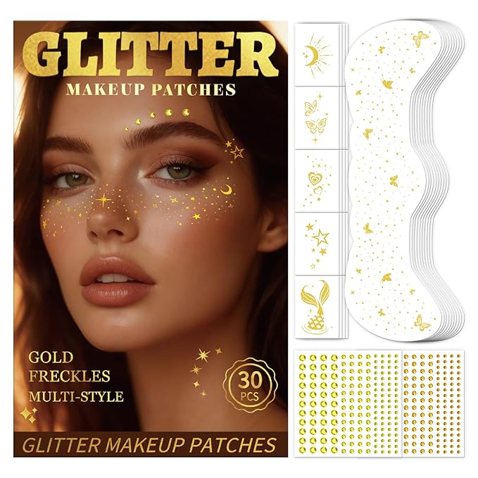30PCS Glitter Freckles Face Tattoos & Face Gems Set, Multi-Style Gold Glitter Temporary Tattoos for Valentine's Day Makeu...