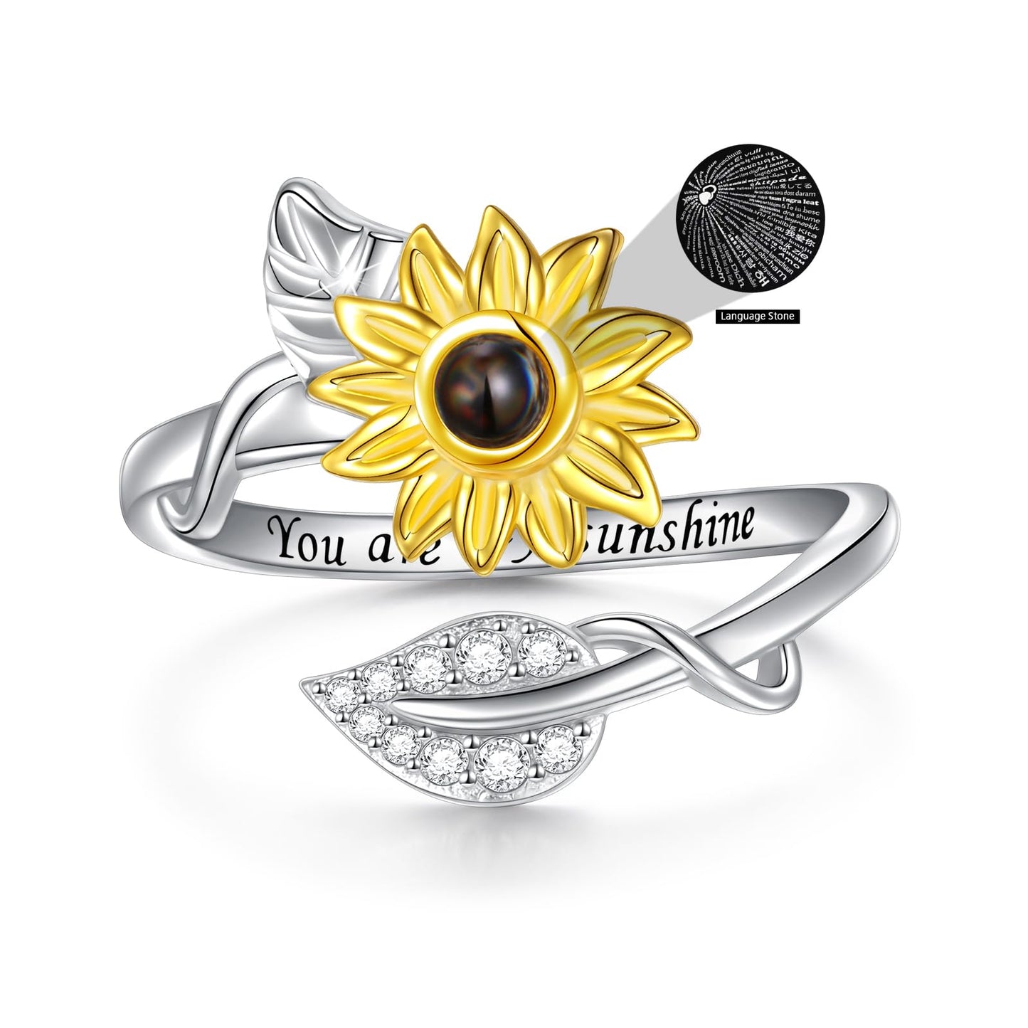 DAOCHONG Sterling Silver You are My Sunshine Sunflower CZ Ring 100 Languages I Love You Stone Ring 6