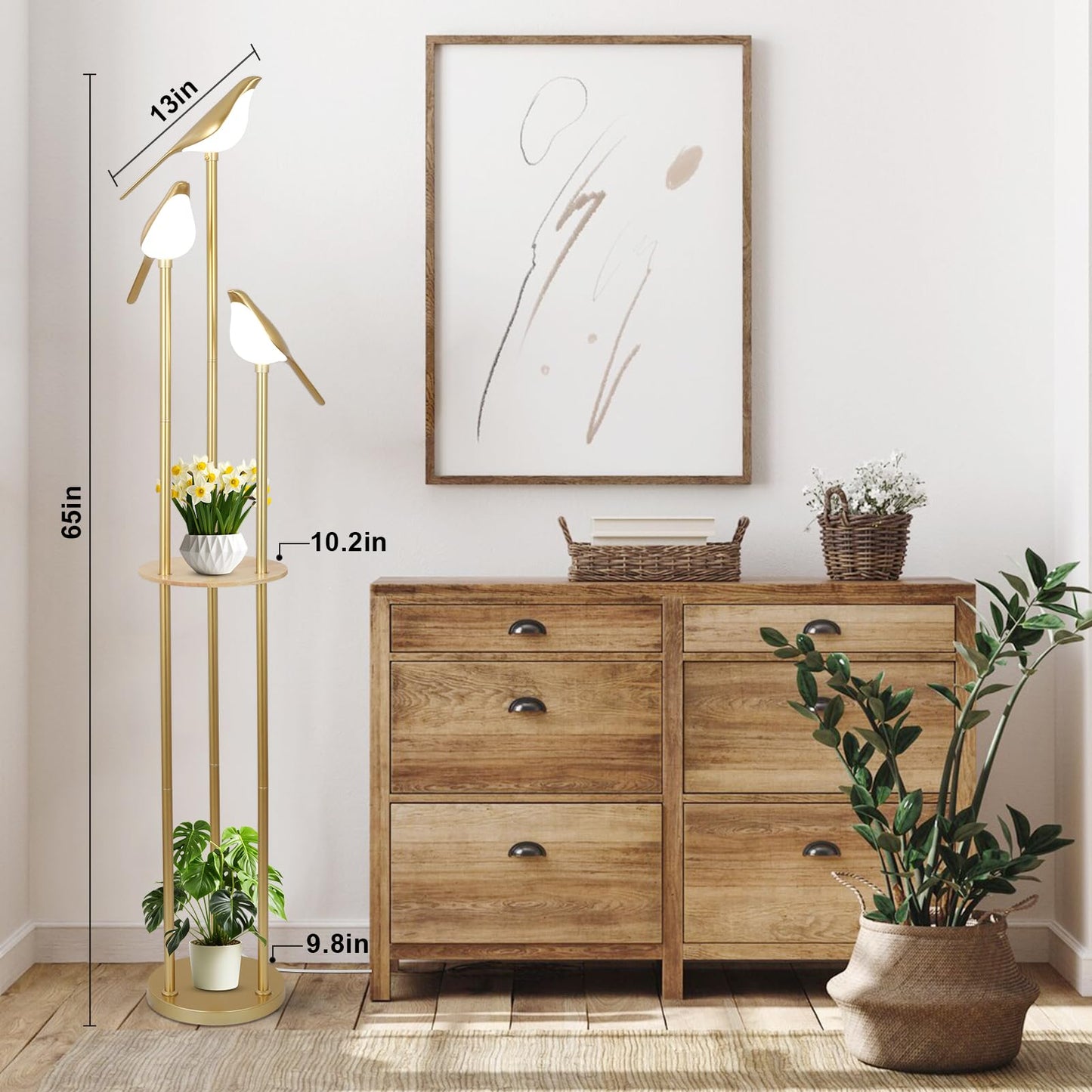 Gold Floor Lamp for Living Room With Shelves - Modern Mid Century Standing Light With 3 Adjustable LED Bird Lights, Corner Tall Lamp With Table, Brass Stand for Bedroom Kids Room