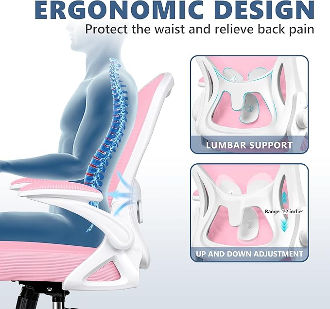 Winrise Ergonomic Office Chair, Mesh Desk Chair with Adjustable Lumbar Support, Flip-Up Armrests, Mid-Back Computer Swivel Task Rolling Chair, Pink