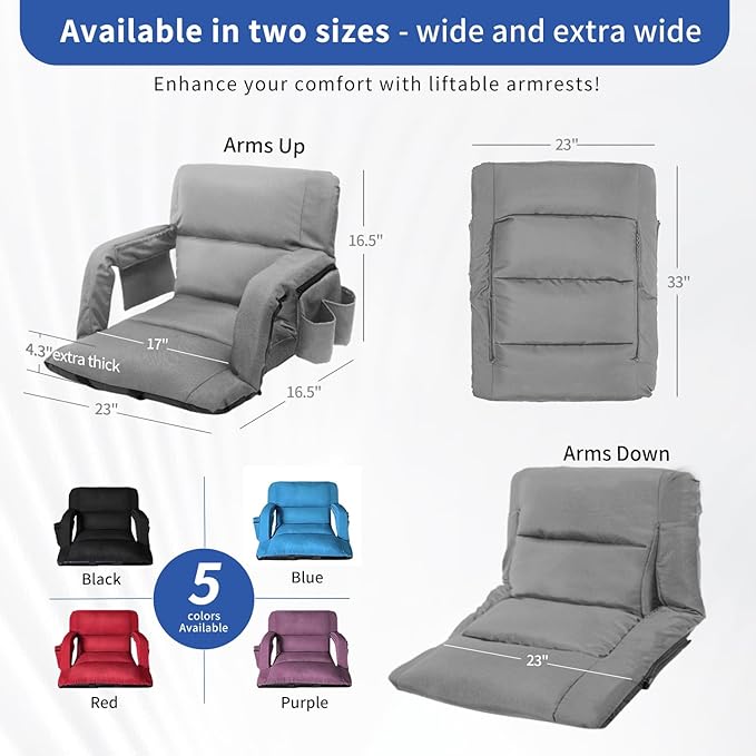 Stadium Seats with Back Support ,Wide Stadium Chairs with Back and Cushion, Sofa Style Bleacher Chairs, 6 Reclining Positions, Extra Thick Bleacher Seat for Sports Events (Grey-1 Pack,Wide|22.5")