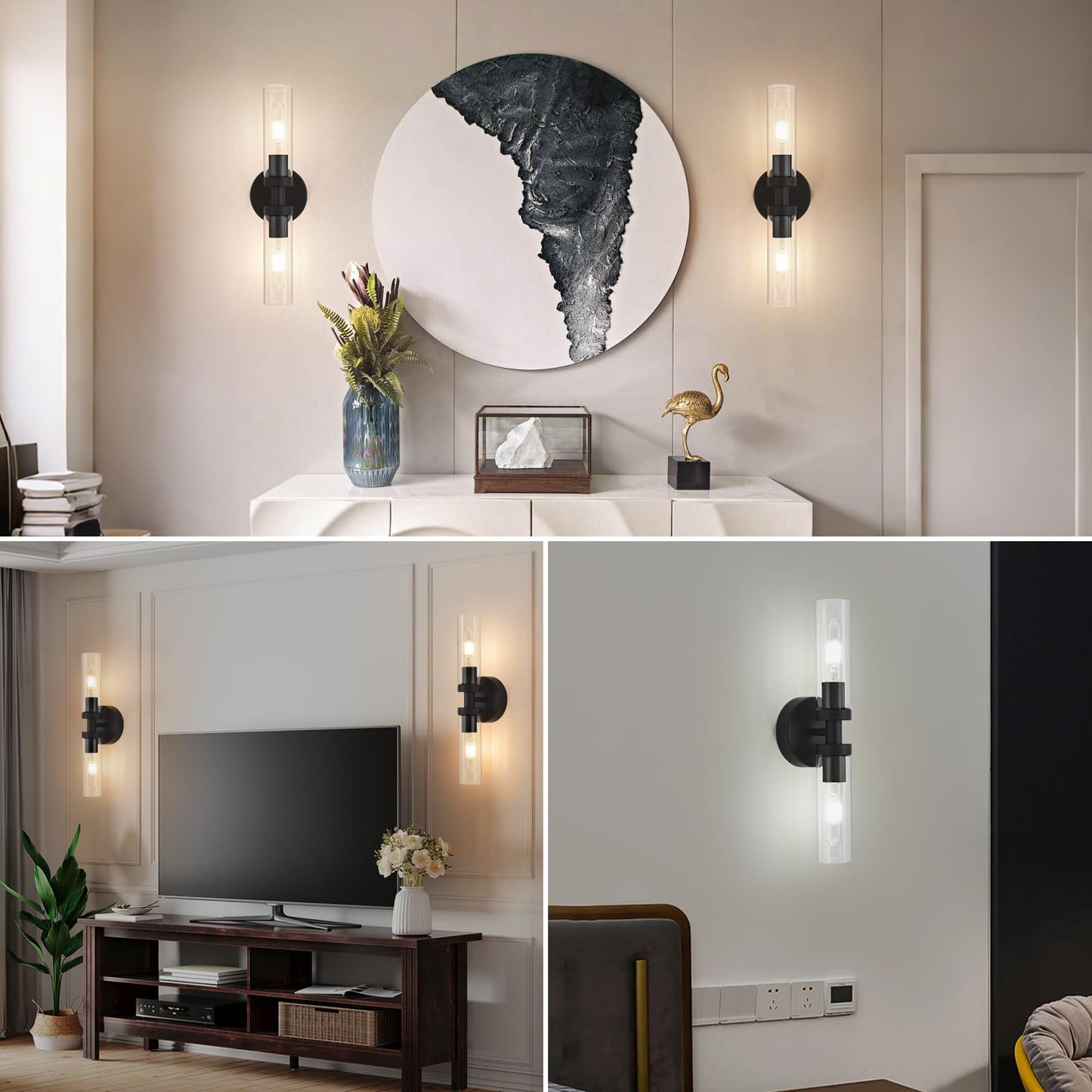 Battery Operated Wall Sconces Set of 2, 330° Rotation 3000K-6000K Dimmable Wireless Wall Sconce with Clear Glass 10400mAh USB Rechargeable Wall Lights with Remote Bulbs Included (Black-2Pack)