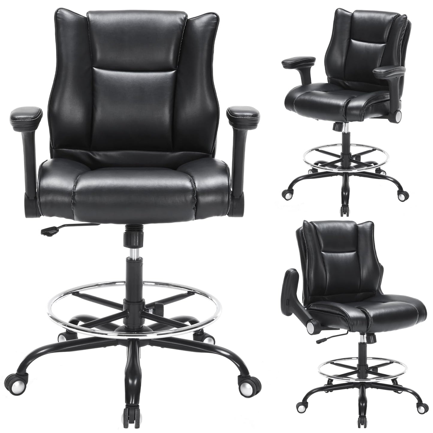 Office Drafting Chair, Tall Desk Chair with Adjustable Armrests and Footrest Ring PU Leather Standing Desk Chair with Extra Thicken Seat Cushion, Comfy High Office Chair for Counter Height Desk, Black