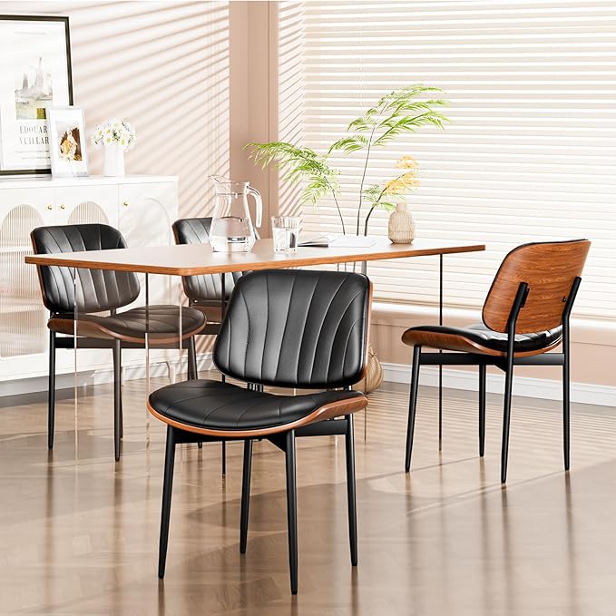 YaFiti Dining Chairs Set of 8, Dining Room and Kitchen Chairs, FSC Certified Mid Century Modern Accent Chair, Upholstered PU Leather Chairs for Vanity with Walnut Bentwood and Metal Legs, Black