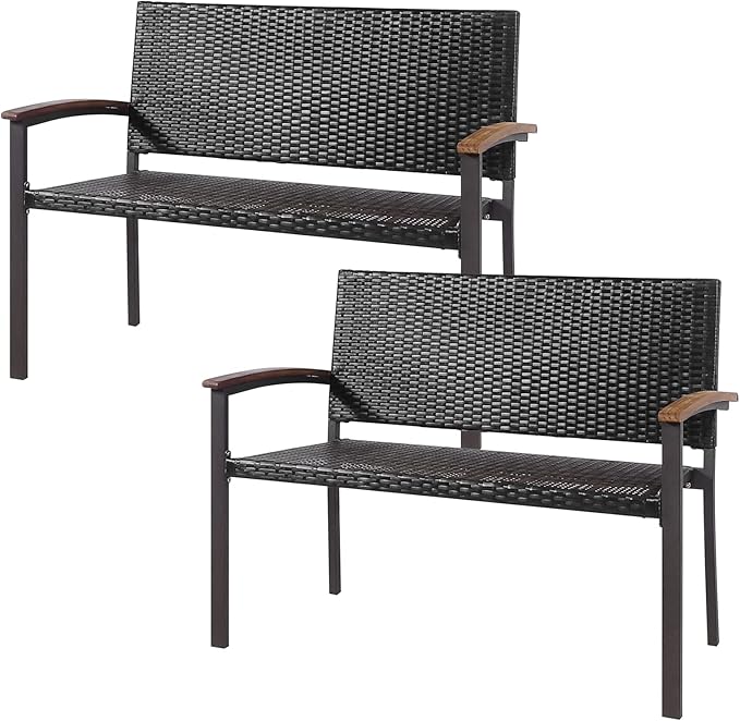 Tangkula 2 Pieces Outdoor Stackable Bench, All-Weather PE Wicker Loveseat with Acacia Wood Armrests, 2-Person Heavy Duty Metal Frame Patio Bench, for Garden, Front Porch, Courtyard