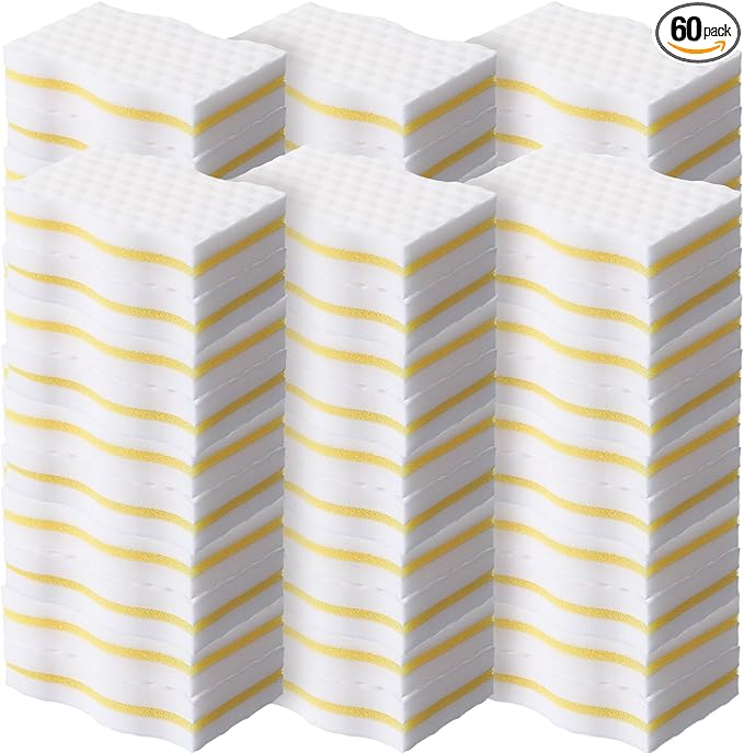 60 Pack Magic Extra Durable Sponge Eraser 3 Layer Density Cleaning Pads in Bulk Thick More Lasting Sponge Eraser for Bathroom Kitchen Floor Bathtub Toilet Cleaner (Yellow and White)