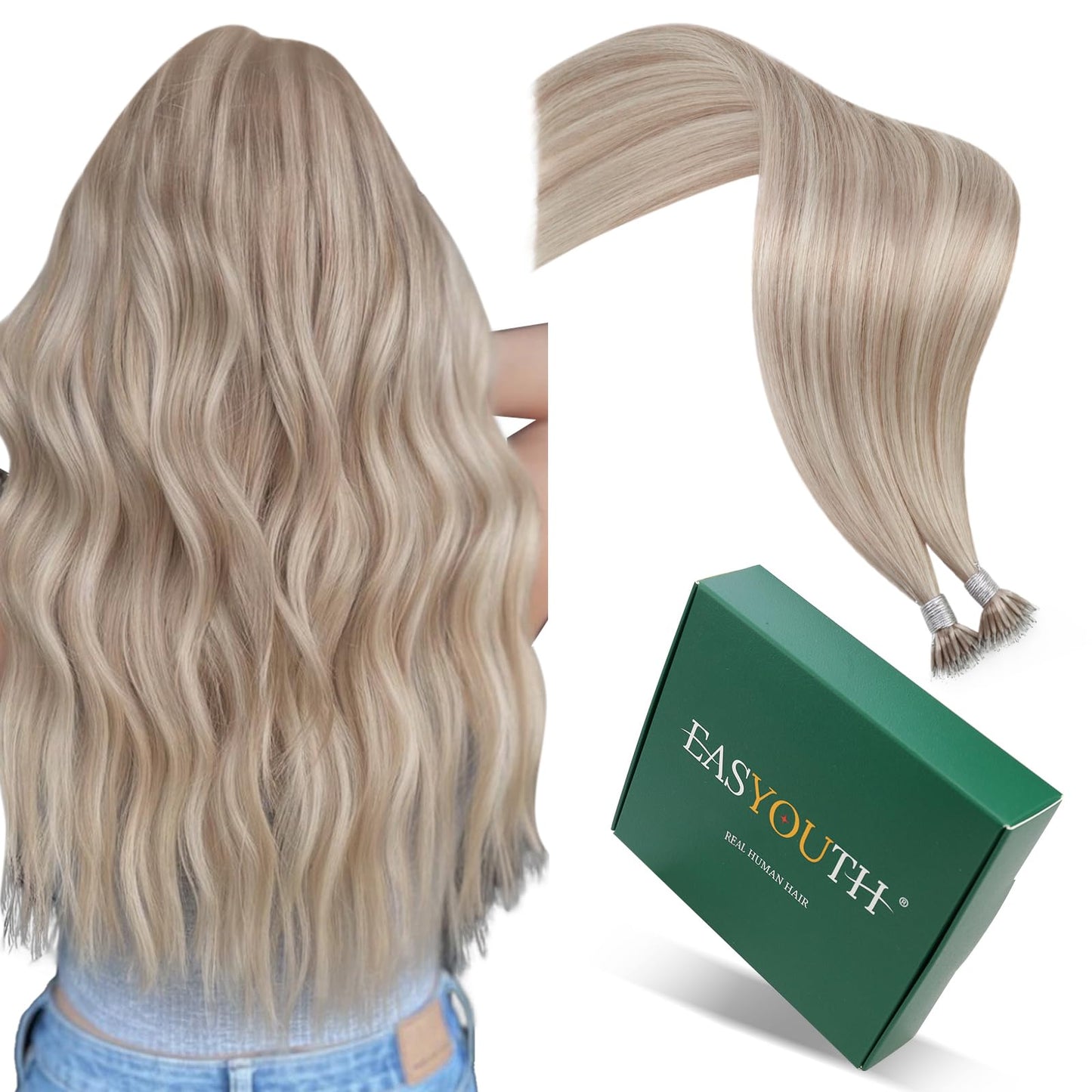Easyouth Nano Bead Hair Extensions Blonde Nano Hair Extensions Human Hair Ash Blonde Highlighted Blond Nano Tip Hair Extension R