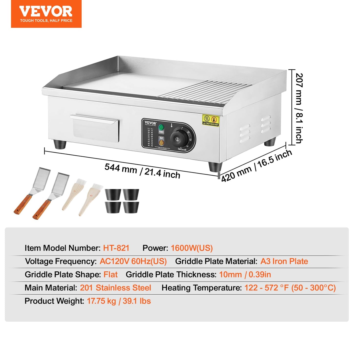 VEVOR Commercial Electric Griddle, 1600W Countertop Half-Flat Top Grill, 22in Stainless Steel Griddle Grill with 2 Shovels and 2 Brushes for Home or Restaurant, 122℉-572℉ Adjustable Temp