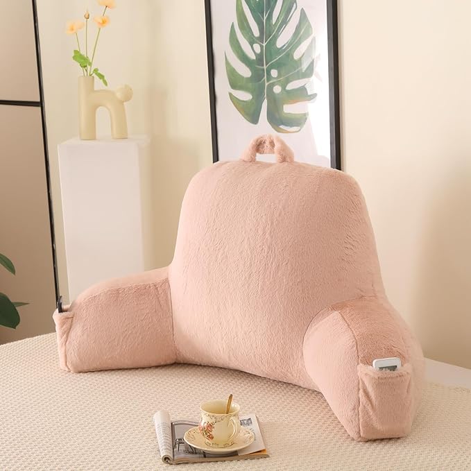 PAJEO Reading Pillow for Sitting in Bed, Large Backrest Reading Pillow with Arm Rest,Back-Rest Support Cushion for Sit Up on Couch, Sofa, and Floor(Shell Pink Faux Fur, Standard(17"))