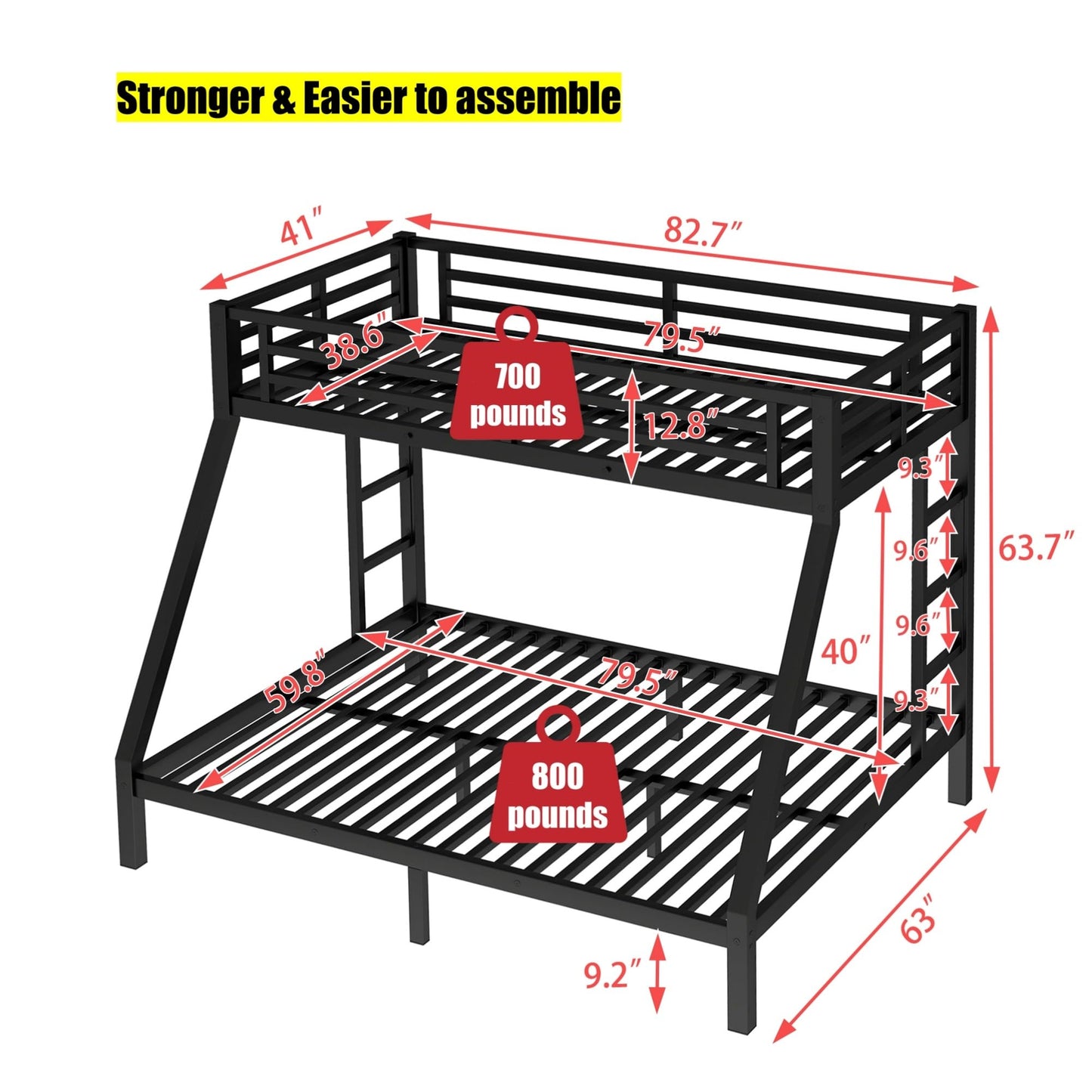 AOOMEEC Higher Quality & Stronger Metal Bunk Bed Twin XL Over Queen Size Bunkbed, Thickened Heavy Duty More Stable Safer Black Steel Bunk Queen Bed Frame (Easier to Assemble) (Twin XL Over Queen)