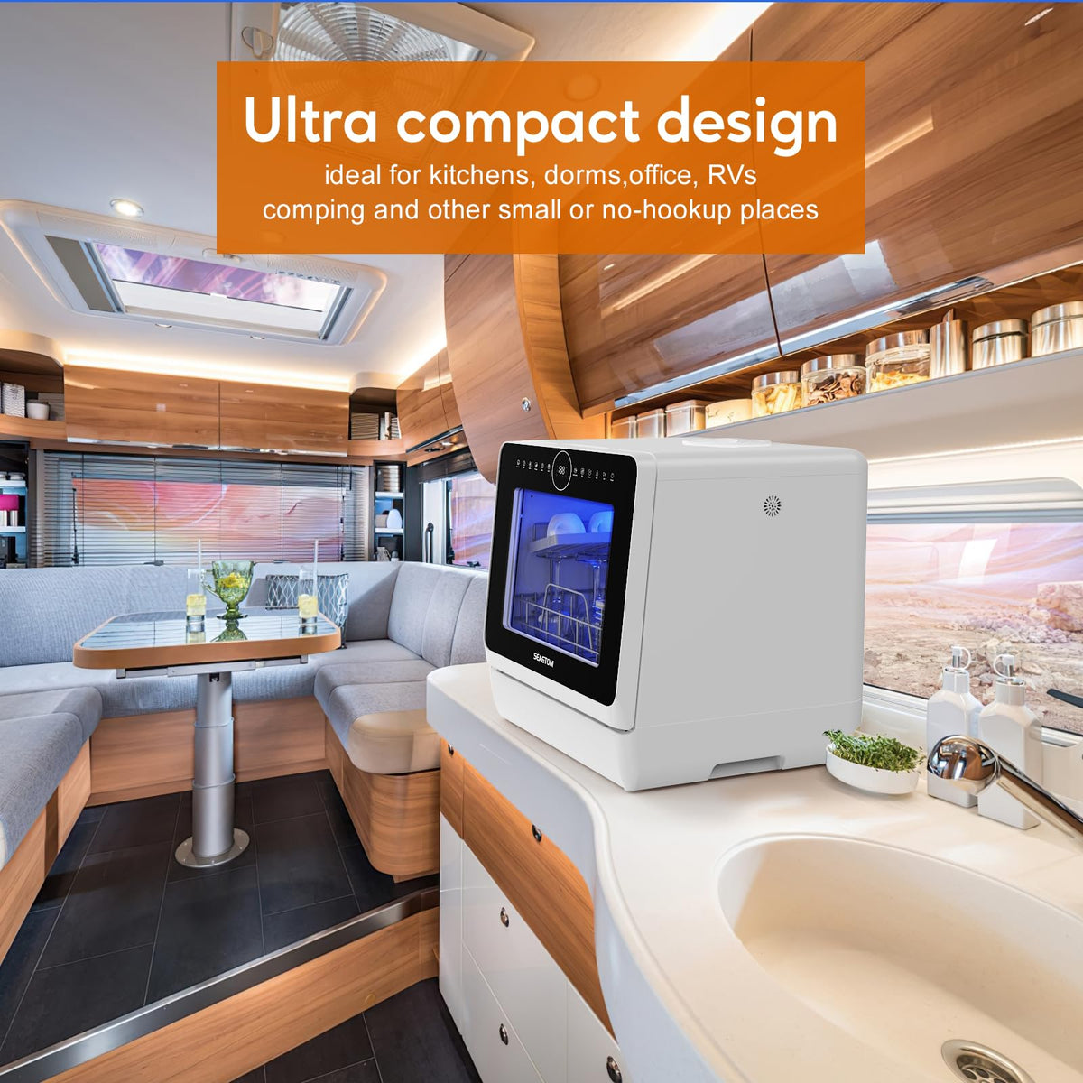 SEAGTOM Countertop Mini Portable Dishwasher Tabletop Small Dishwasher with 5L Built-in Water Tank No HookupNeeded, Baby Care & Air-Drying Function，3 Place Set Capacity for Apartments Dorms Camping RVs
