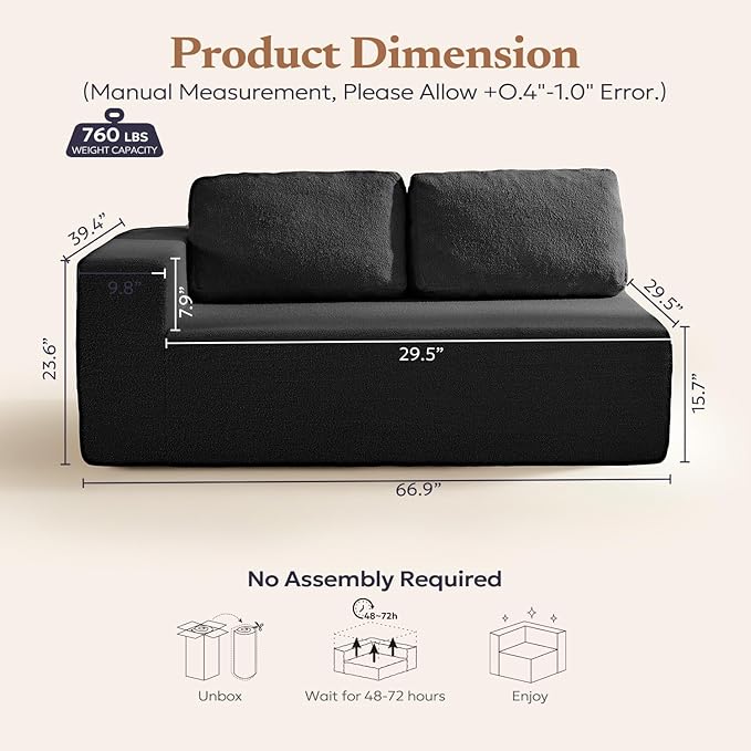 Furnify 67" Loveseat Sofa, Cloud Modular Couch, Upholstered Floor Sofa with Deep Seat, Upholstered Foam Sofa for Bedroom Living Room, No Assembly Required (Black, Teddy Boucle)