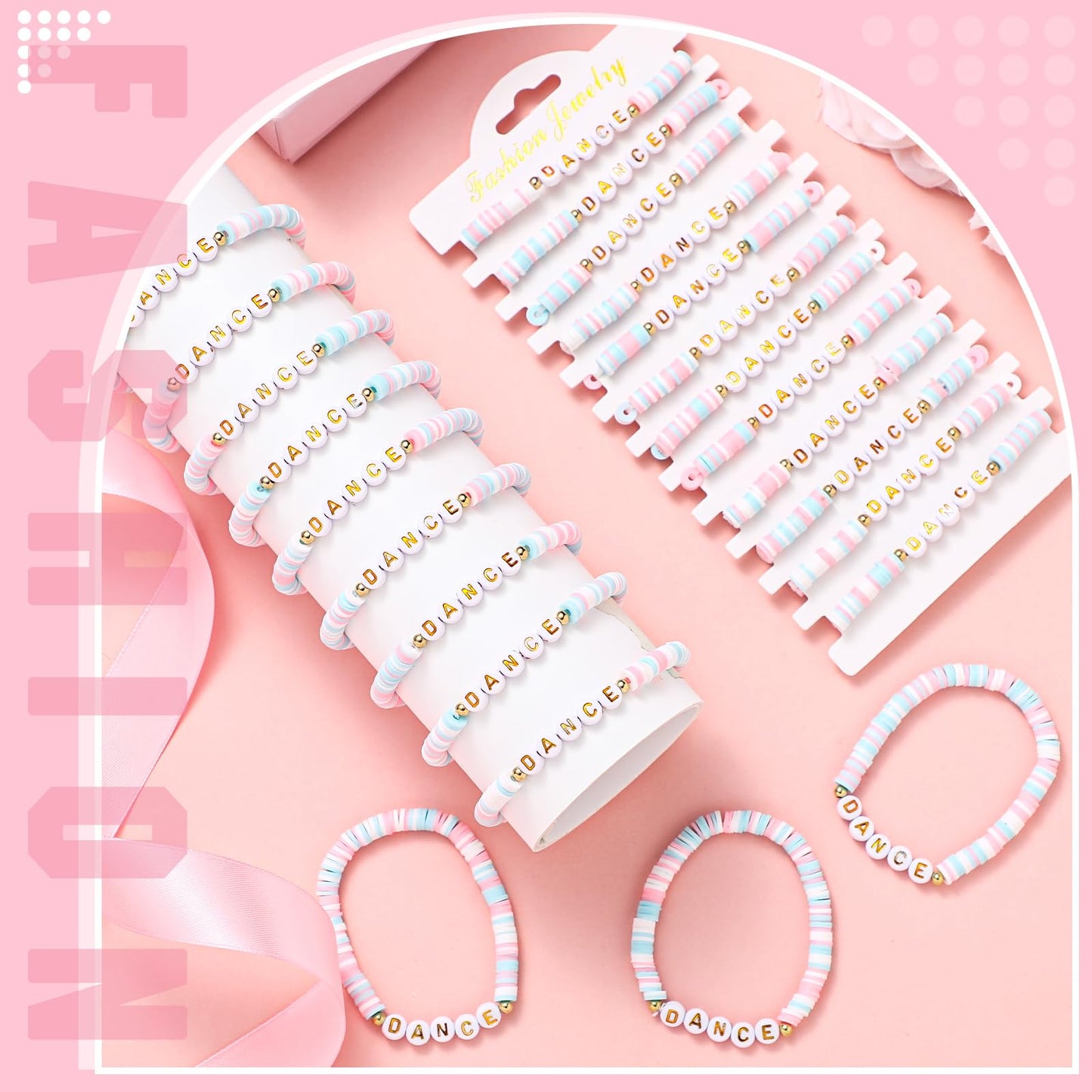 Blosssound 24 Pack Polymer Clay Beaded Dance Bracelet Bulk Stretch Bracelet for Team Gift Colorful Dance Lover Gift Internationa