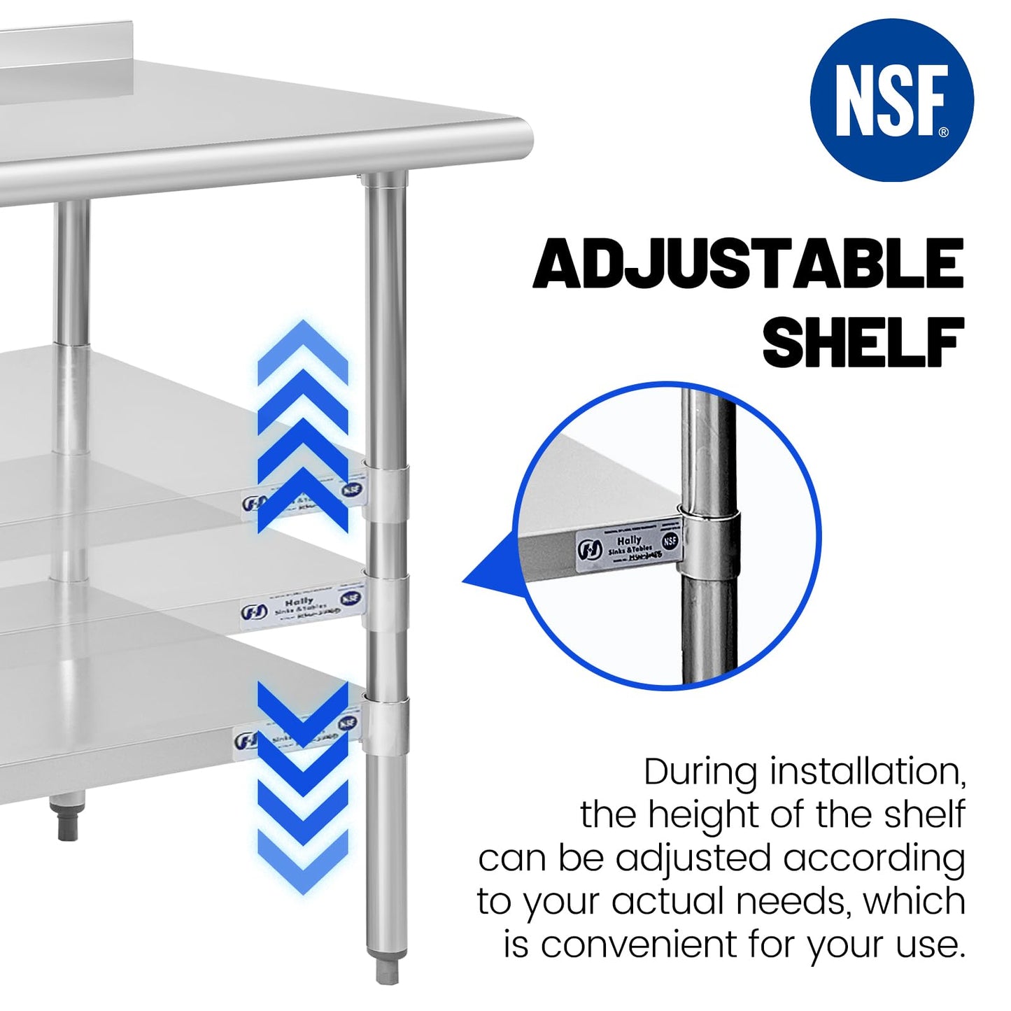 Hally Stainless Steel Table for Prep & Work 24 x 30 Inches, NSF Commercial Heavy Duty Table with Undershelf and Backsplash for Restaurant, Home and Hotel
