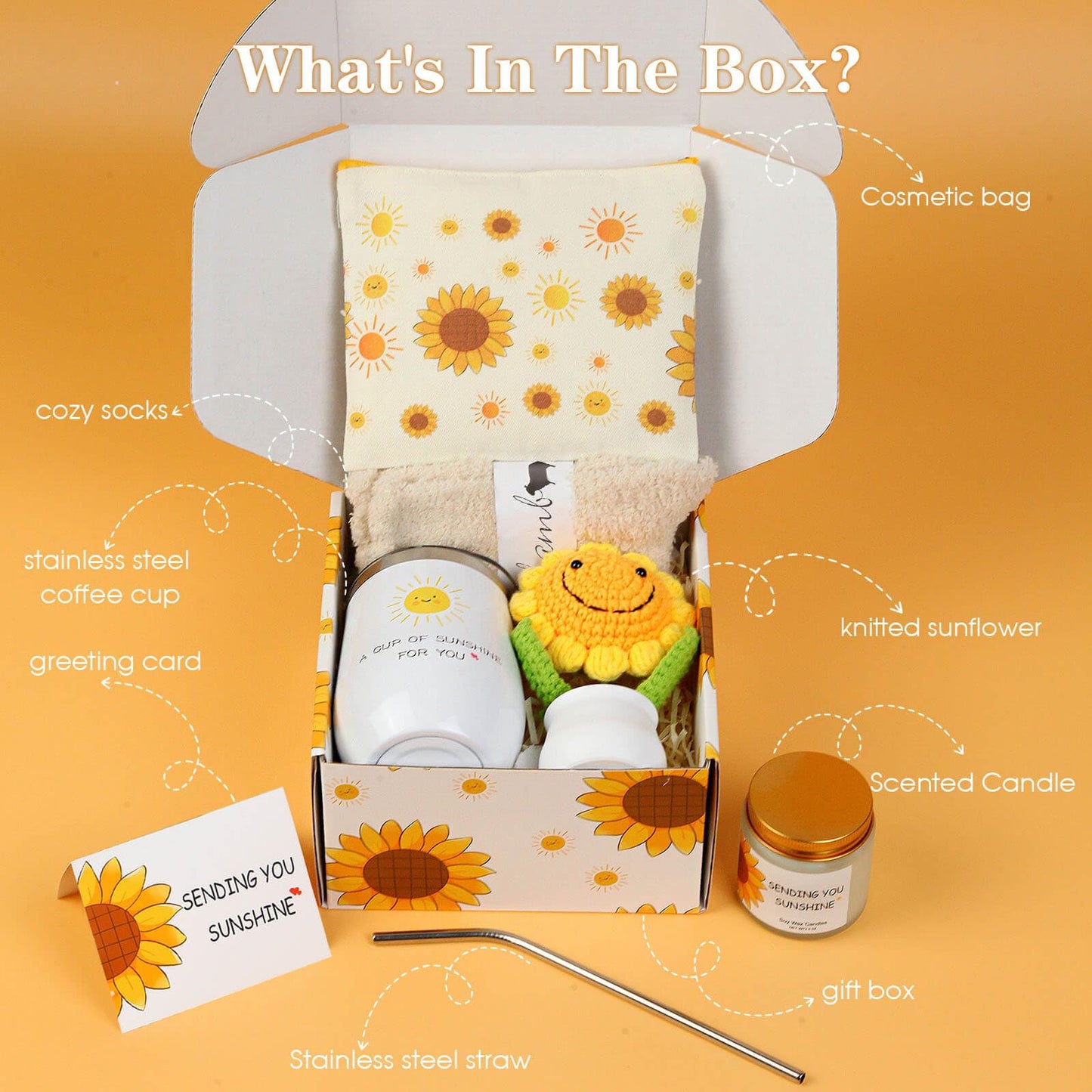 Sunflower Gifts Baskets for Women-7 Pcs Unique Happy Birthday Gifts for Sister, Fun Get Well Basket after Surgery for Female, Self Care Package for Teen girl, Cheer Up Set, Feel Better Sunshine Box