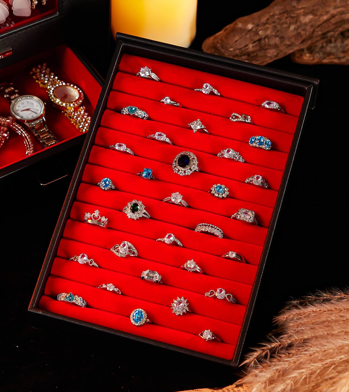 Homde Jewelry Organizer with Transparent Window Necklace Hooks Gift for Women Jewelry Box Display Case for Necklaces Rings Earrings Bracelets and Other Accessories (Black + Red)