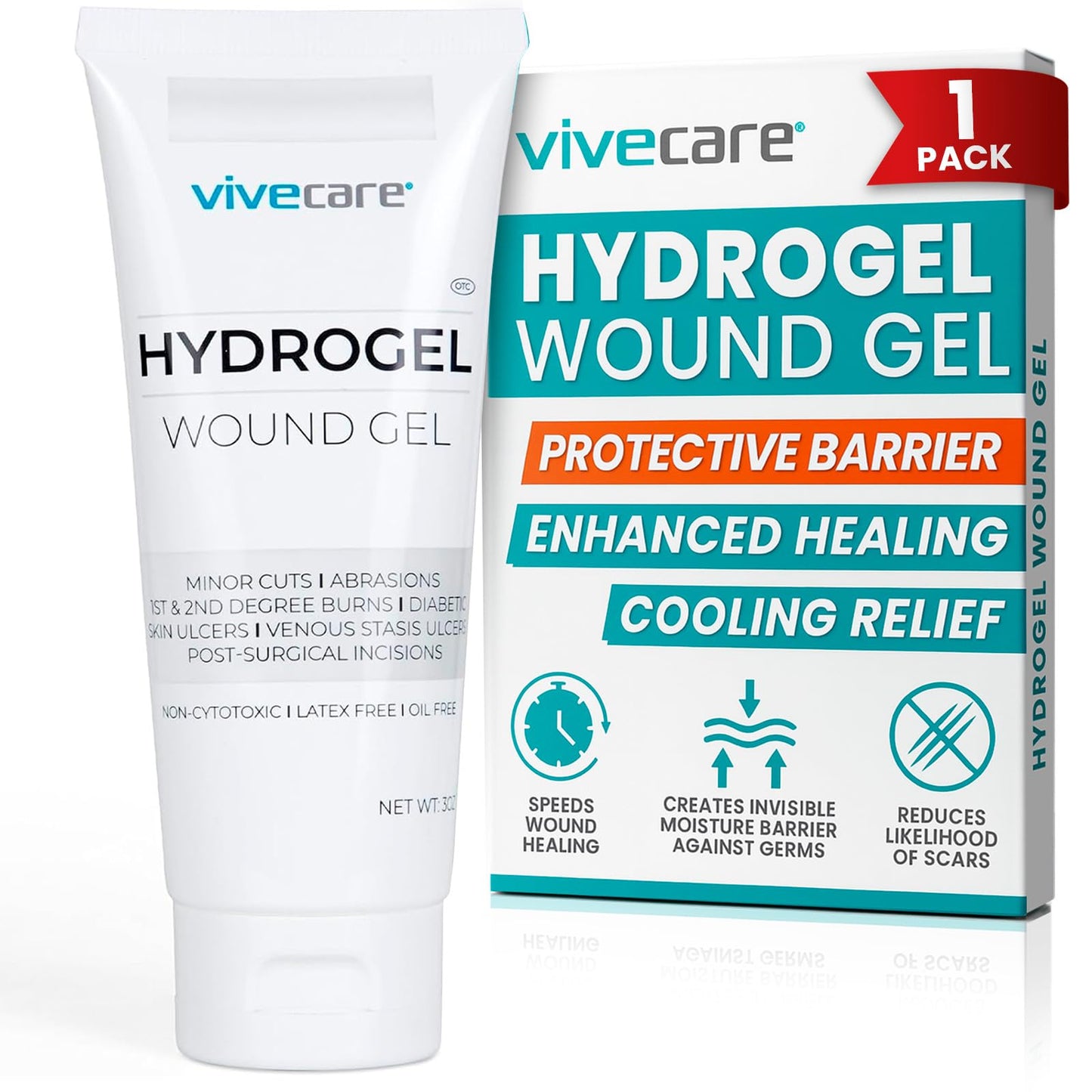 ViveCare Hydrogel Wound Dressing (3 Oz Tube) - First Aid Healing Gel for Burns, Diabetic Ulcers, Cuts, Surgical Incisions, Debridement, Open Wounds - Soothing Skin Repair Cream Ointment (1)