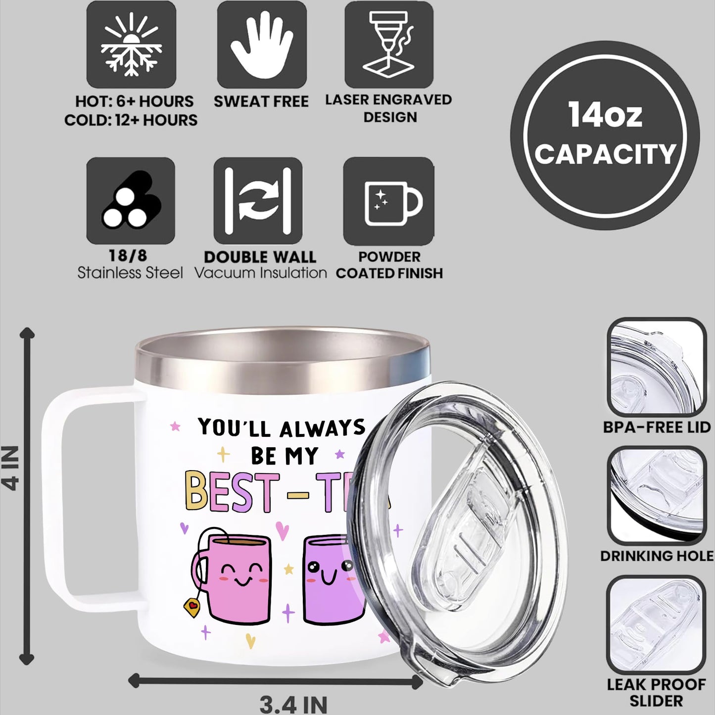 Gossby Bestie Gift for Women - 14oz BEST-TEA Insulated Tumbler Mug - Friend Tumbler Mug for Woman - Christmas, Birthday, Friendship Gift for Best Friend - Bestie Cup with Lid, Straw