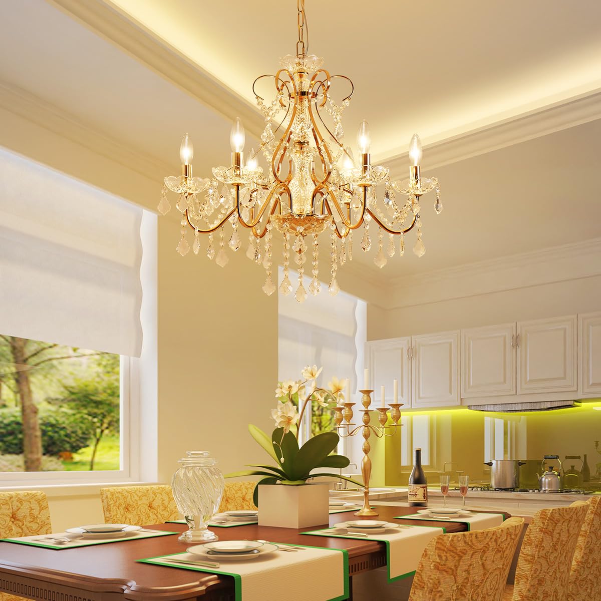 Saint Mossi 6 Light Crystal Chandelier Light Fixture Modern Chandelier Crystal Lighting, French Gold Crystal Raindrop Chandelier for Dining Room,Bedroom,Living Room, H23 x D24