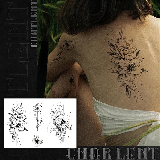 CHARLNET Black Flower Temporary Tattoos for Women - 9 Large Sheets Realistic Flower Lily Tattoos For Women Body Art Arm Chest Legs Shoulder