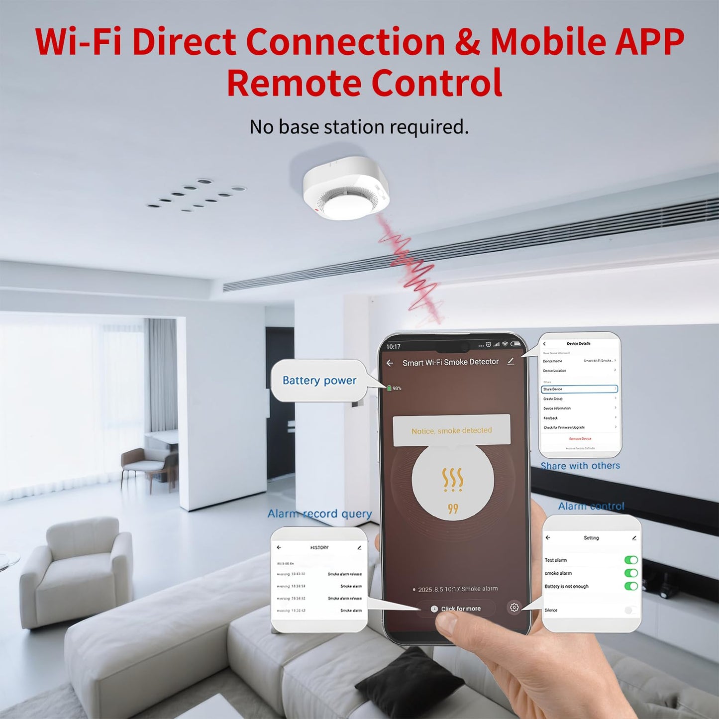 WARROXIDE WiFi Smoke Detectors for Home,Photoelectric Wireless Fire Alarms Replaceable Battery Powered,Portable Smoke Alarm with Test/Mute Button,Attic Smoke Detector,2 PCS(Battery Not Included)