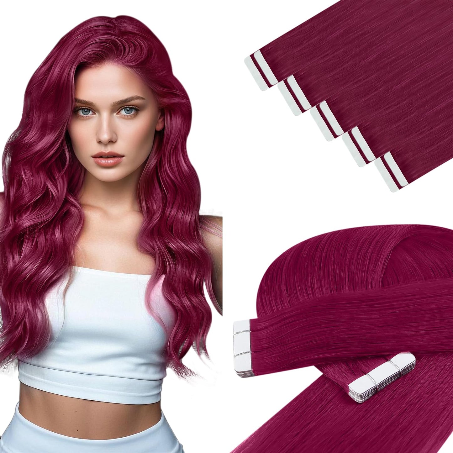 YoungSee Invisible Tape in Hair Extensions Magenta Tape Hair Extensions Real Human Hair Red 22 Inch Colored Tape Ins Human Hair